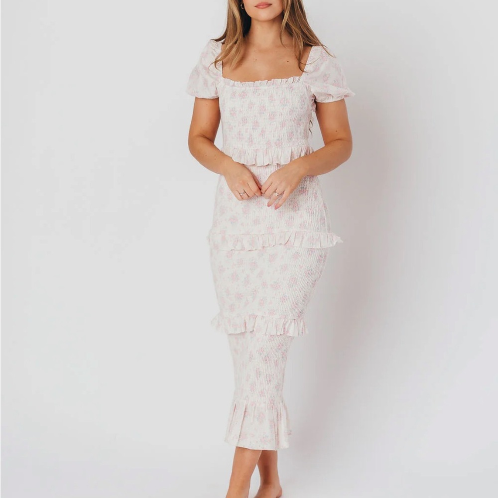 Worth Collective Ada Smocked Midi Dress in Pink Floral - Maternity Friendly